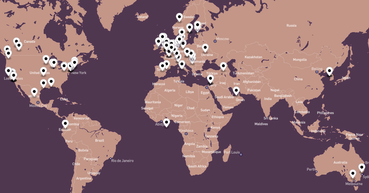 Map showing the cities where Ben has worked on vocal projects